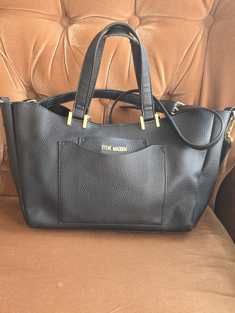 Steve Madden Black Pebbled Tote with Gold Accents